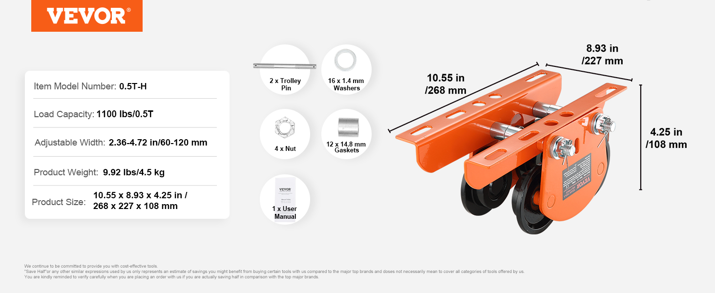 VEVOR elektriskais pacēlājs, 0,5 t-h, 1100 lbs, regulējams platums 2,36-4,72 collas, izmēri 10,55 x 8,93 x 4,25 collas