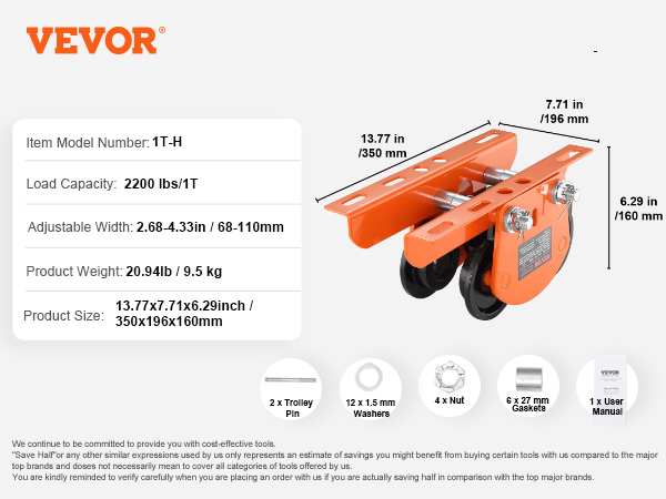 VEVOR electric hoist trolley with 2200 lbs capacity, adjustable width 68-110mm, model 1t-h.