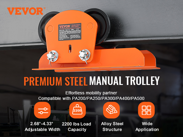 VEVOR electric hoist trolley: premium steel, adjustable width, 2200 lbs capacity, alloy structure.