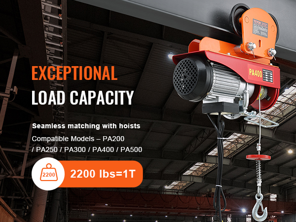 VEVOR electric hoist trolley, pa400 model in warehouse, 2200 lbs load capacity, compatible with multiple hoists.
