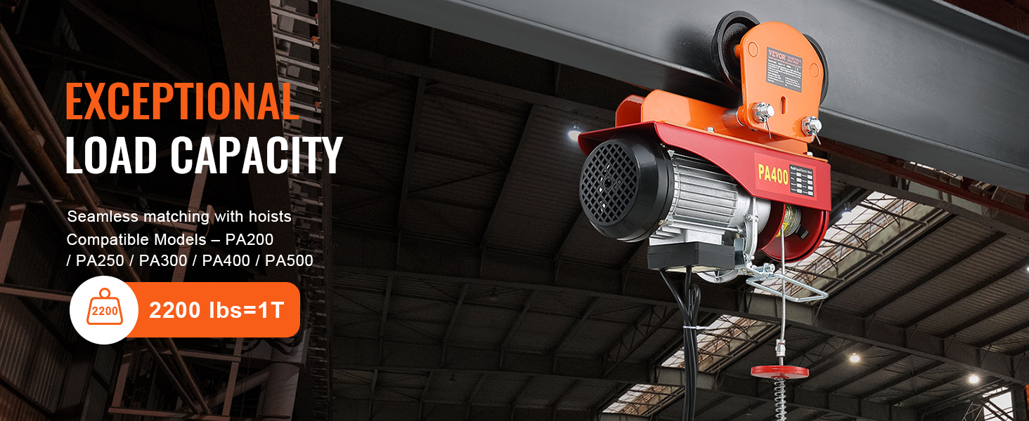 VEVOR electric hoist trolley, pa400 model in warehouse, 2200 lbs load capacity, compatible with multiple hoists.