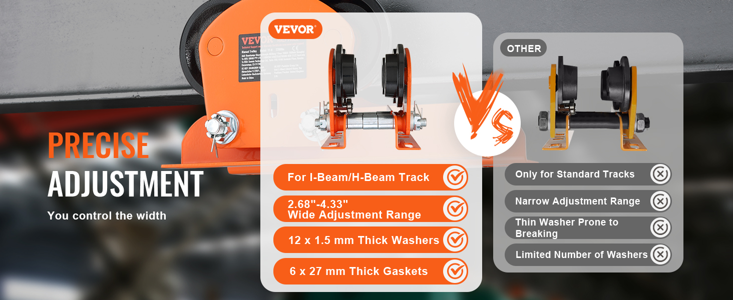 VEVOR electric hoist trolley offers precise adjustment for i-beam/h-beam tracks, outclassing standard trolleys.