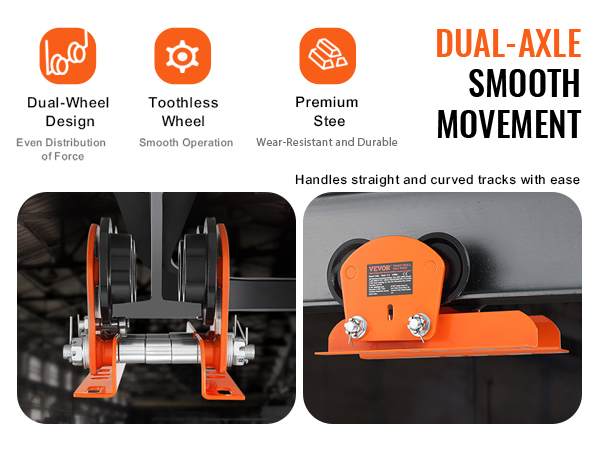 VEVOR electric hoist trolley, dual-axle smooth movement, dual-wheel design, toothless wheel, premium steel.