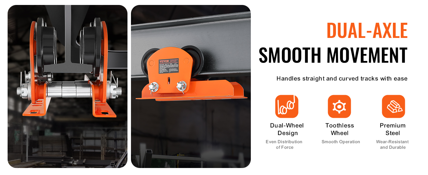 VEVOR electric hoist trolley, dual-axle smooth movement, dual-wheel design, toothless wheel, premium steel.