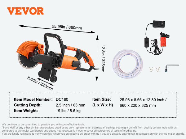 VEVOR electric concrete saw dc180, dimensions, cutting depth 2.5 inch, item weight 19 lbs, accessories shown.