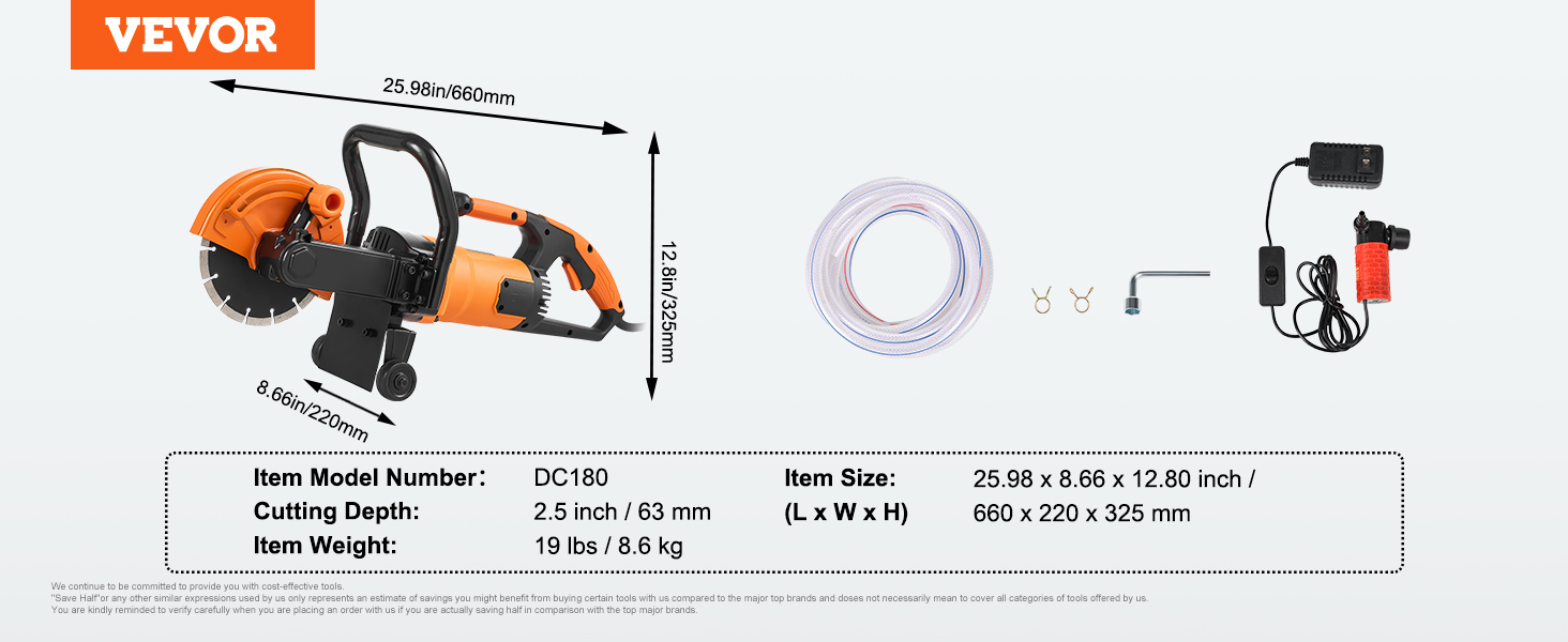 VEVOR electric concrete saw dc180, dimensions, cutting depth 2.5 inch, item weight 19 lbs, accessories shown.