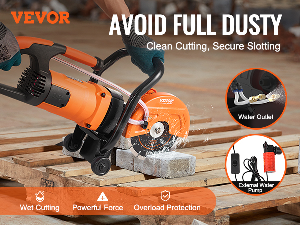 VEVOR electric concrete saw cutting concrete blocks on a pallet, featuring wet cutting and overload protection.