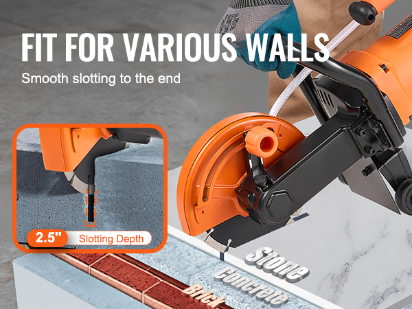 VEVOR electric concrete saw cutting through stone, concrete, and brick with 2.5" slotting depth.