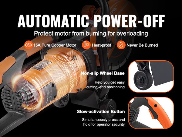 VEVOR electric concrete saw with non-slip wheel base, automatic power-off, and 15a pure copper motor.