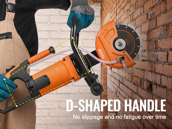 worker using VEVOR electric concrete saw with d-shaped handle on a brick wall.