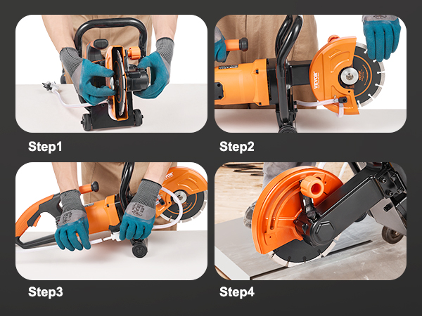 VEVOR electric concrete saw usage steps shown: assembling, adjusting, and operating the saw.