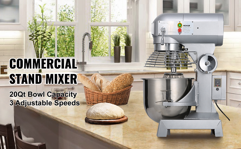 VEVOR commercial food mixer on kitchen counter with bread and basket, 20qt capacity.