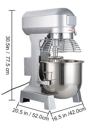 VEVOR commercial food mixer with dimensions labeled.