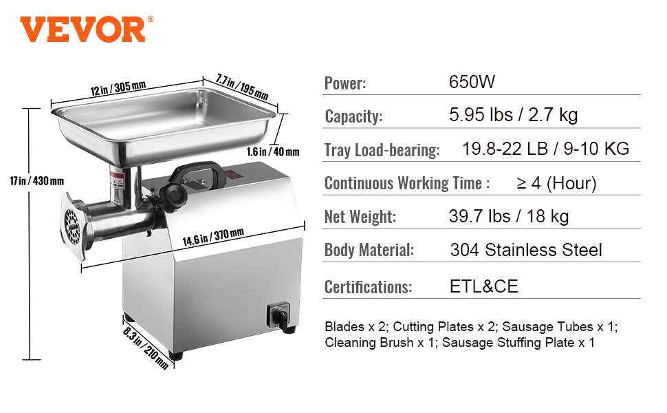 VEVOR electric meat grinder, 650w, 304 stainless steel, 5.95lbs/min capacity, etl & ce certified.