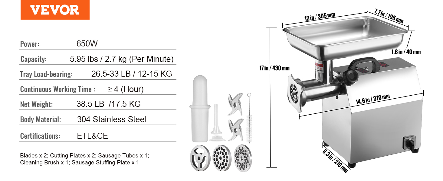 VEVOR electric meat grinder, 650w, 304 stainless steel, 5.95lbs/min capacity, etl & ce certified.