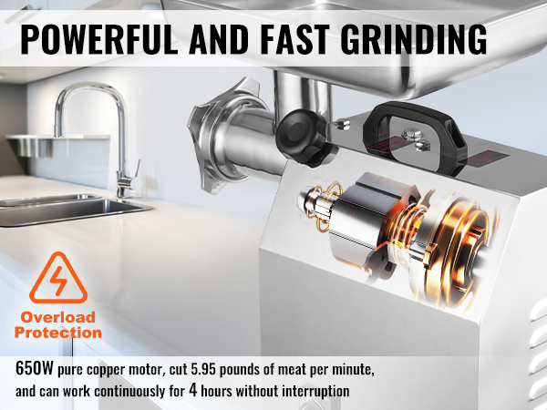 powerful VEVOR electric meat grinder with 650w motor, cuts 5.95 pounds of meat per minute, overload protection.