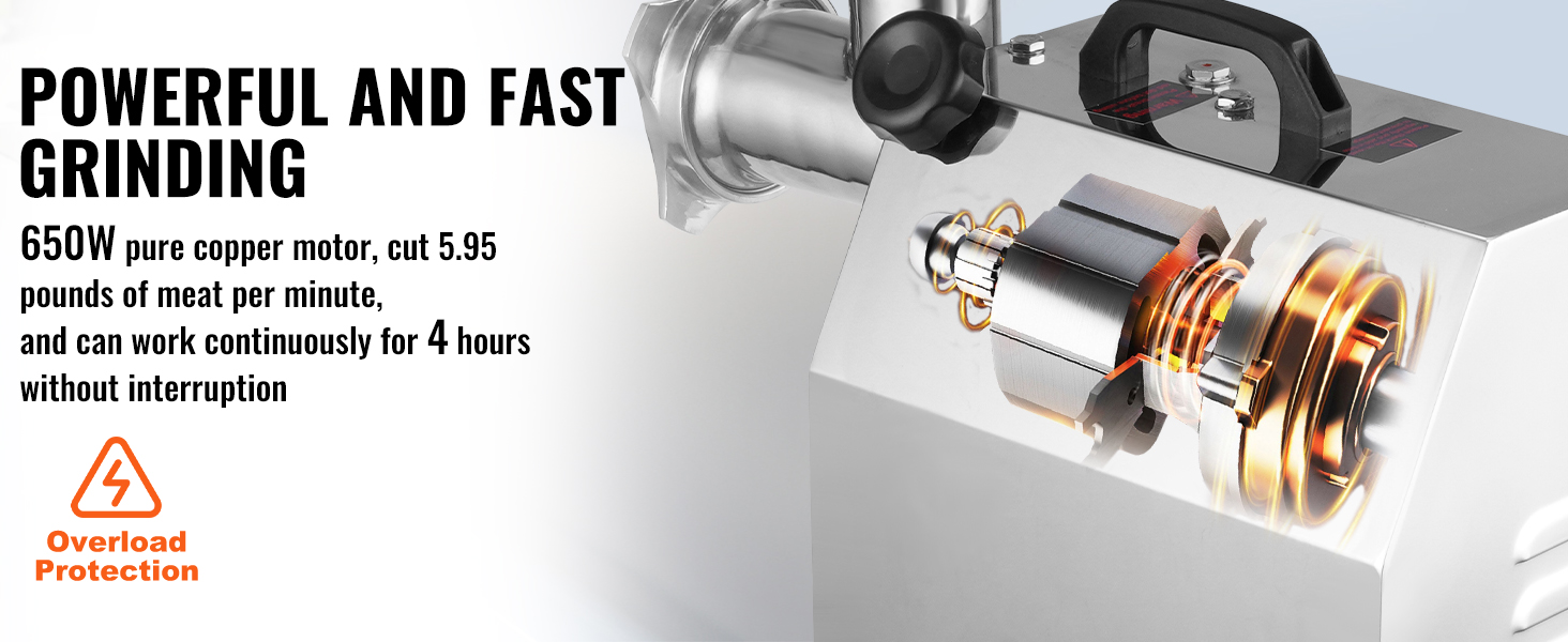 powerful VEVOR electric meat grinder with 650w motor, cuts 5.95 pounds of meat per minute, overload protection.
