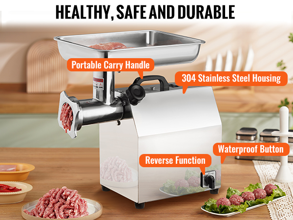 VEVOR electric meat grinder with 304 stainless steel housing, waterproof button, and reverse function.
