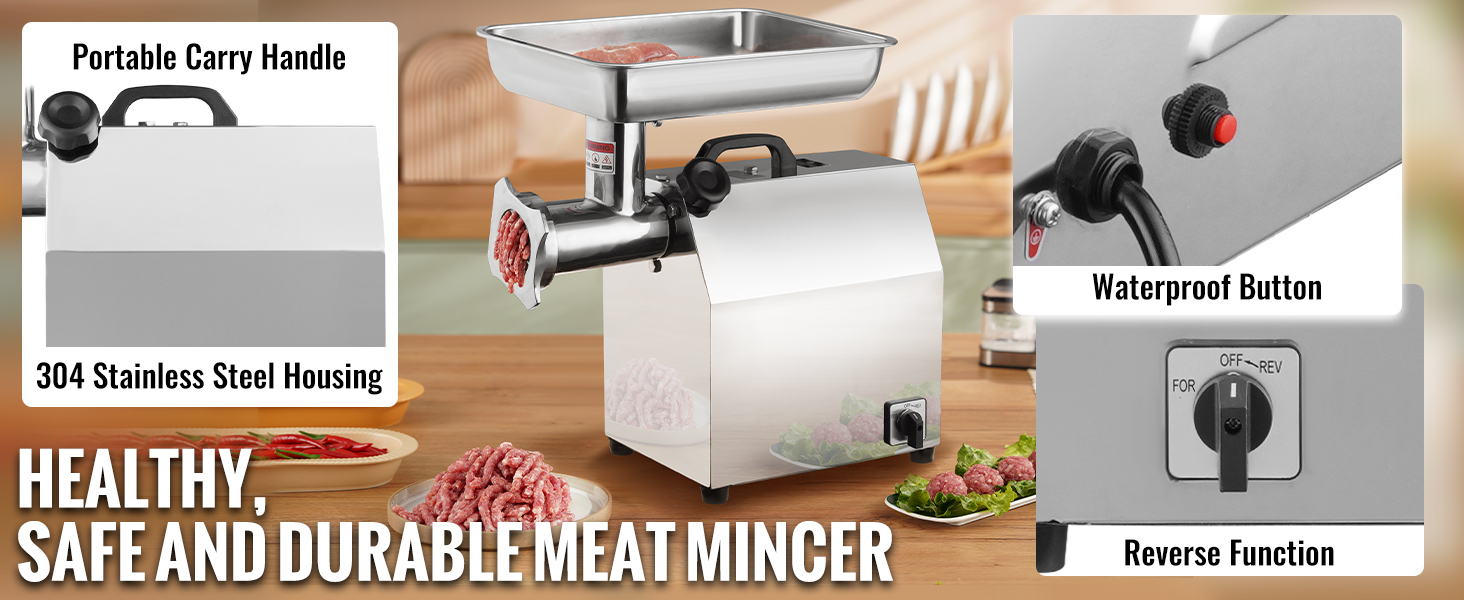 VEVOR electric meat grinder with 304 stainless steel housing, waterproof button, and reverse function.