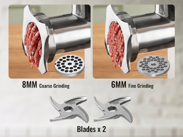 VEVOR electric meat grinder with 8mm coarse and 6mm fine grinding plates, two blades, countertop setting.