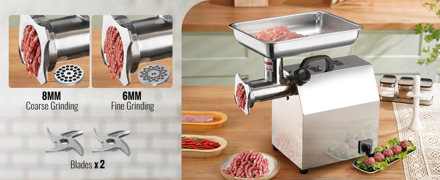 VEVOR electric meat grinder with 8mm coarse and 6mm fine grinding plates, two blades, countertop setting.