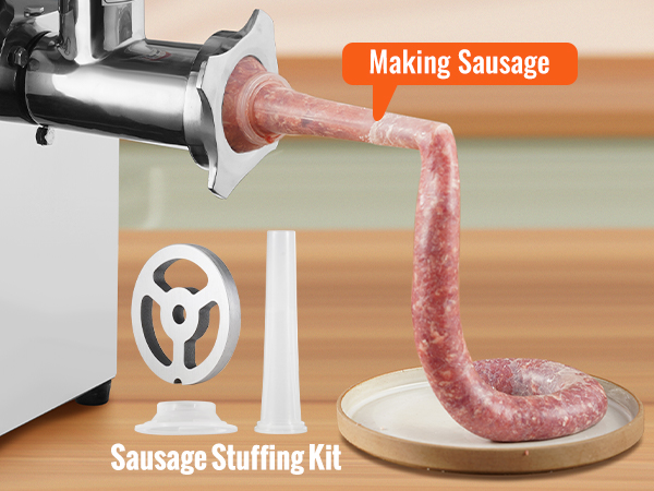 VEVOR electric meat grinder making sausage with included sausage stuffing kit.