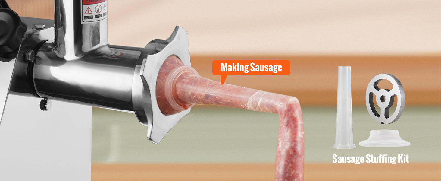 VEVOR electric meat grinder making sausage with included sausage stuffing kit.