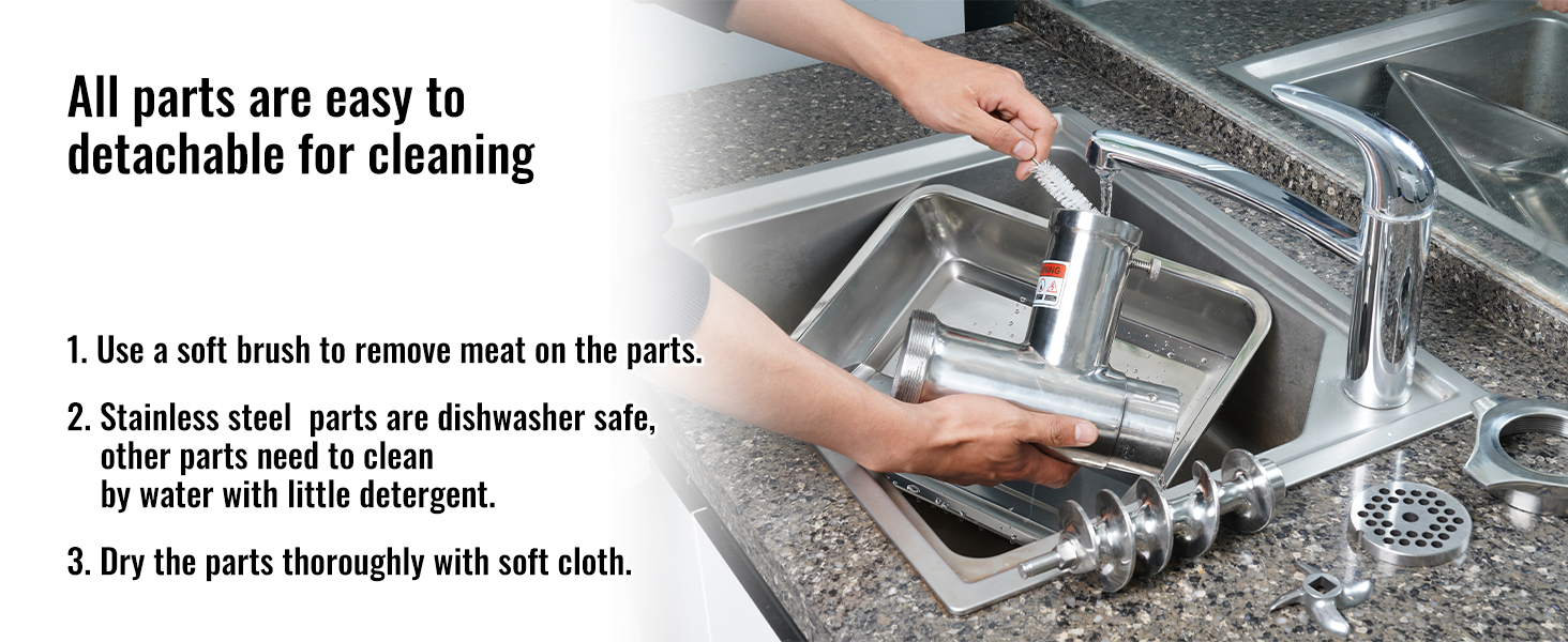 cleaning stainless steel parts of VEVOR electric meat grinder in kitchen sink with soft brush and water.