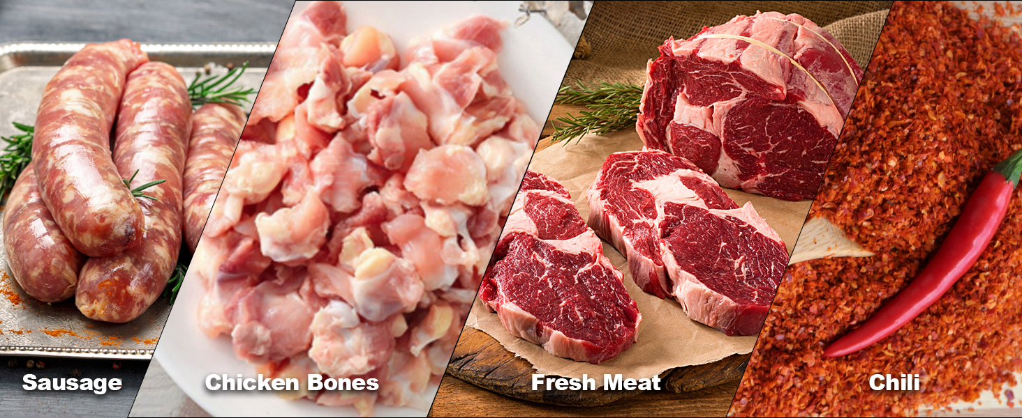 sausage, chicken bones, fresh meat, and chili ready for grinding with VEVOR electric meat grinder.