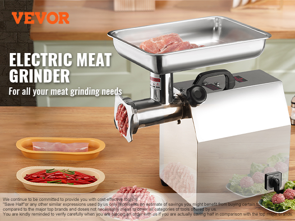 VEVOR electric meat grinder on a kitchen counter with fresh meat, spices, and vegetables nearby.