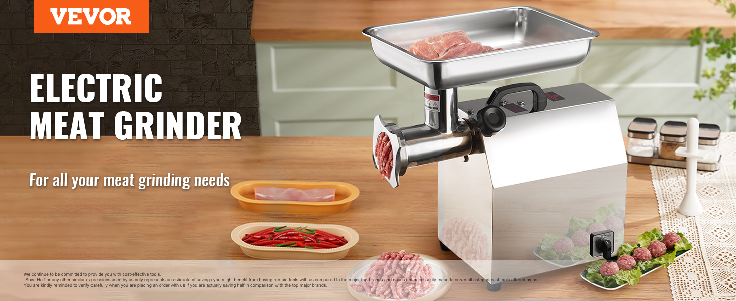 VEVOR electric meat grinder on a kitchen counter with fresh meat, spices, and vegetables nearby.