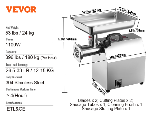 VEVOR electric meat grinder, 1100w, 396 lbs/hr, 304 stainless steel, 53 lbs, etl&ce certified. accessories included.