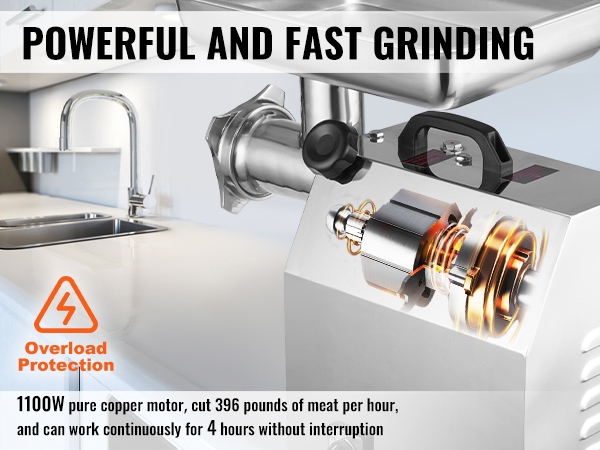 VEVOR electric meat grinder with 1100w motor, cuts 396 lbs of meat per hour, 4 hours continuous use.