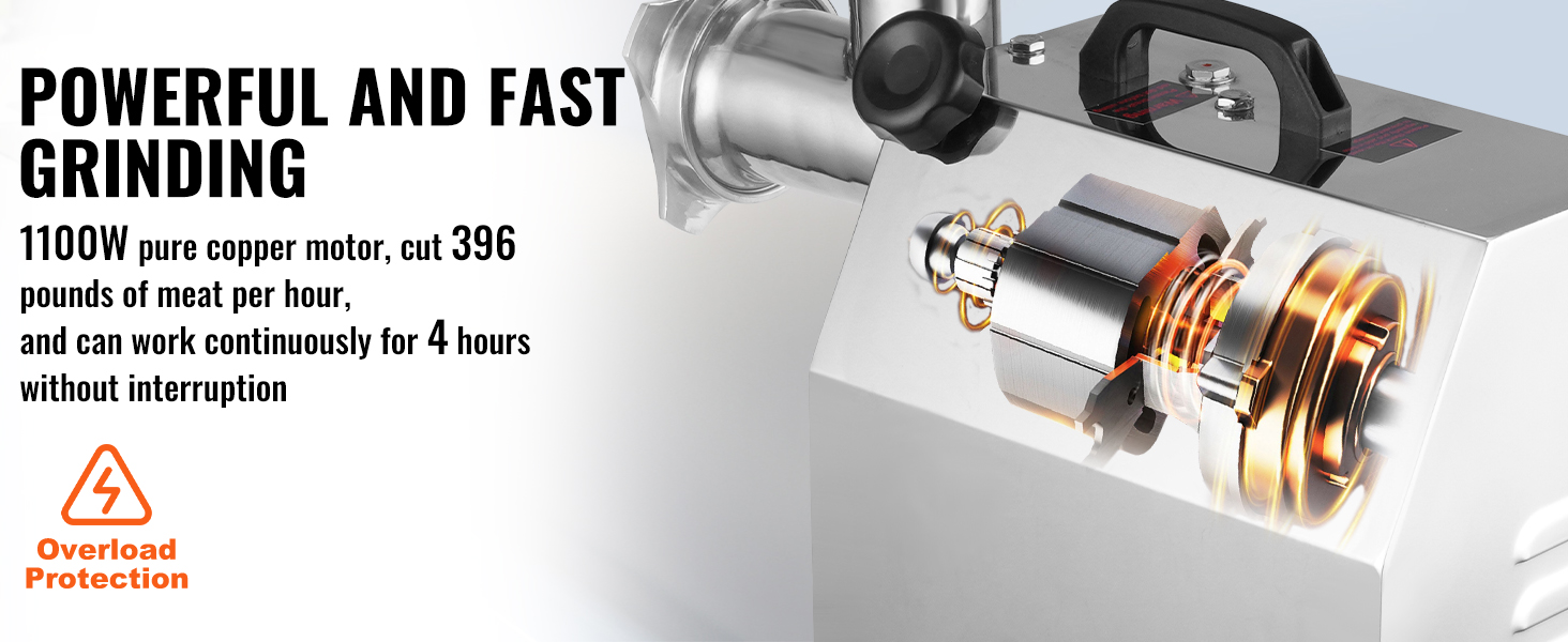 VEVOR electric meat grinder with 1100w motor, cuts 396 lbs of meat per hour, 4 hours continuous use.