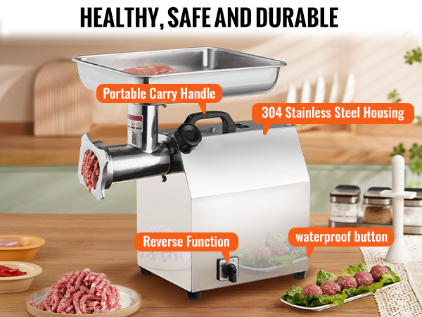 VEVOR electric meat grinder with stainless steel housing, portable handle, waterproof button, and reverse function.