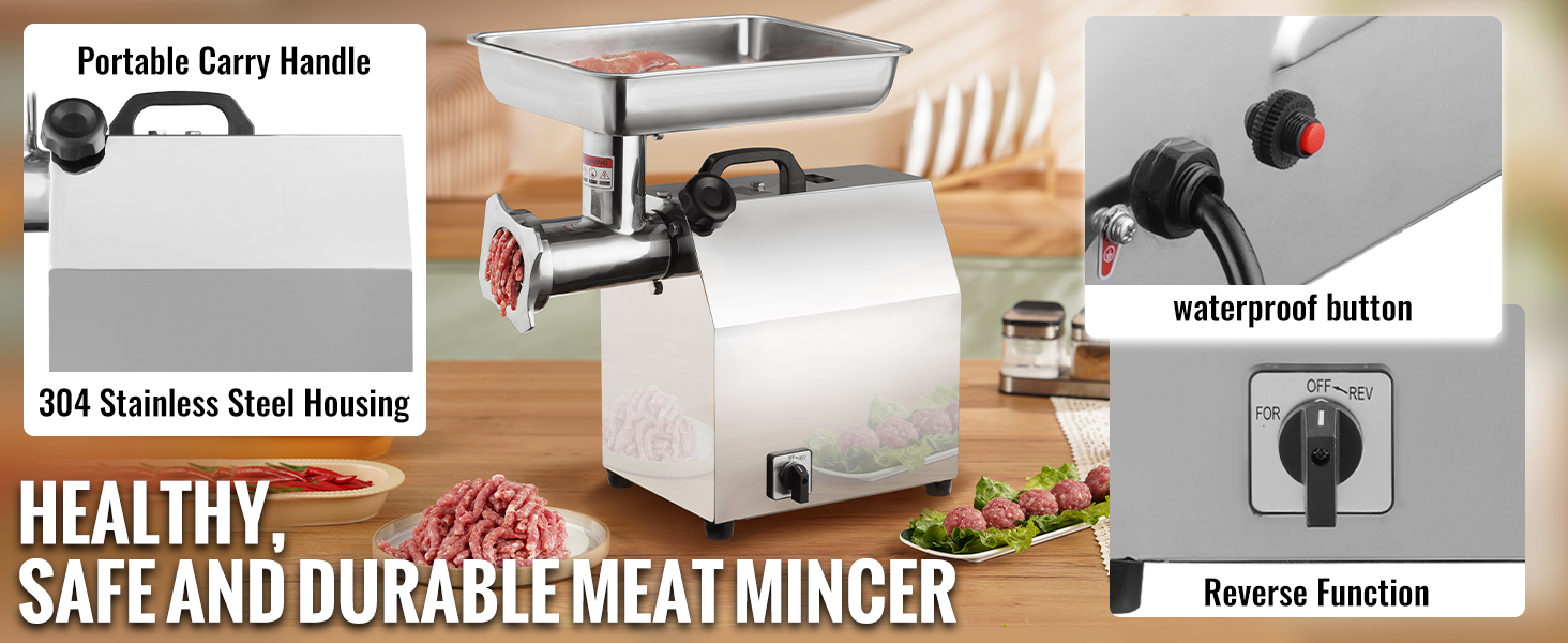 VEVOR electric meat grinder with stainless steel housing, portable handle, waterproof button, and reverse function.