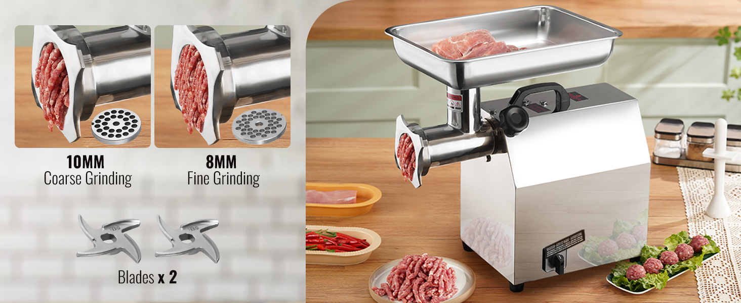 VEVOR electric meat grinder with coarse and fine grinding plates, dual blades, and minced meat.