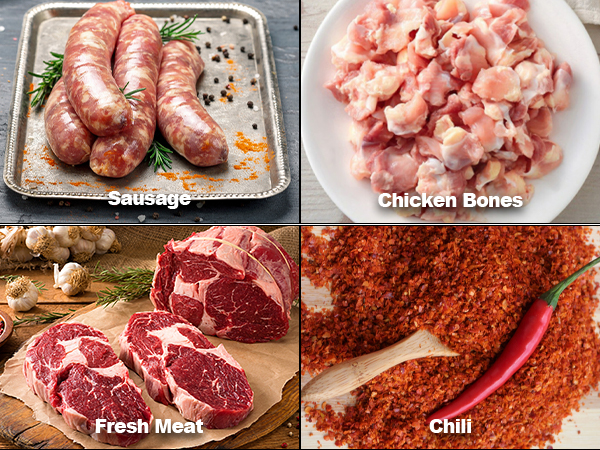 sausage, chicken bones, fresh meat, and chili ready for grinding with VEVOR electric meat grinder.