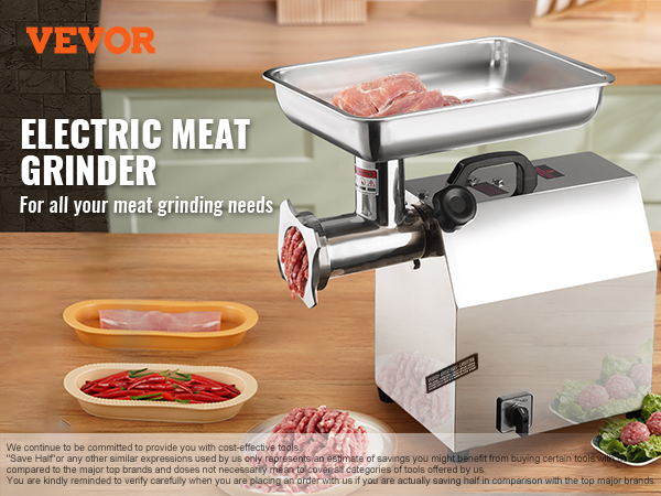 VEVOR electric meat grinder in a kitchen with meat tray, peppers, and meatballs on a plate.