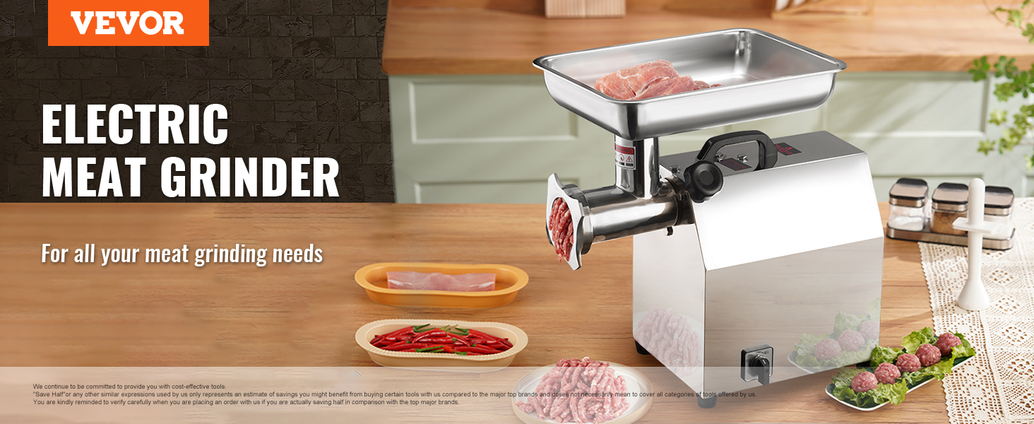 VEVOR electric meat grinder in a kitchen with meat tray, peppers, and meatballs on a plate.