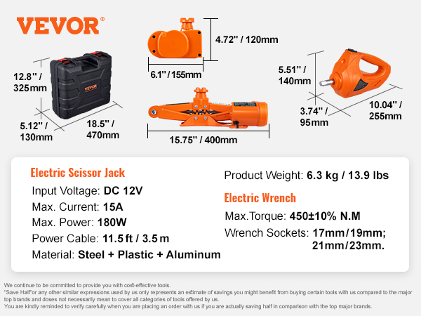 VEVOR electric car jack with electric wrench, dimensions and specifications displayed.