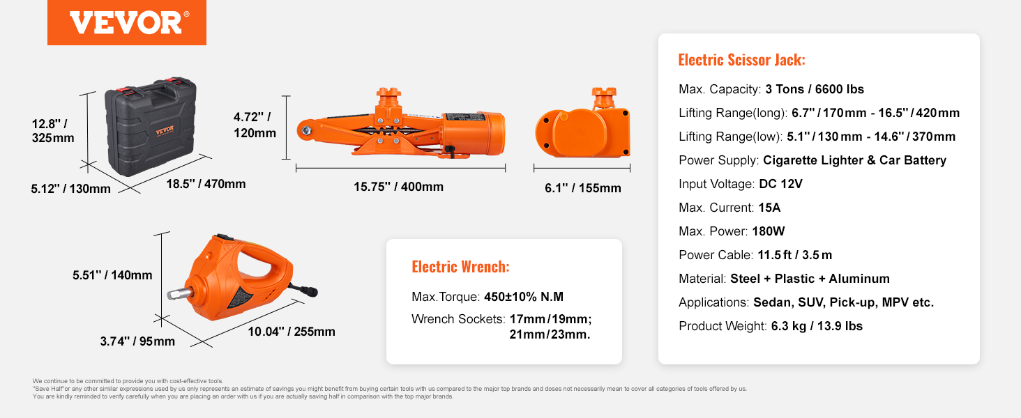 VEVOR electric car jack with electric wrench, dimensions and specifications displayed.