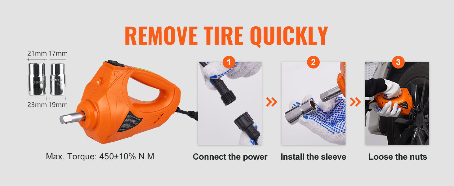 Домкрат для электромобиля VEVOR для снятия шины, показывающий шаги по подключению питания, установке втулки и откручиванию гаек.