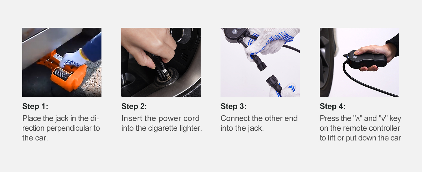 инструкции по использованию домкрата для электромобиля VEVOR: установите домкрат, вставьте шнур питания, подсоедините и поднимите автомобиль.