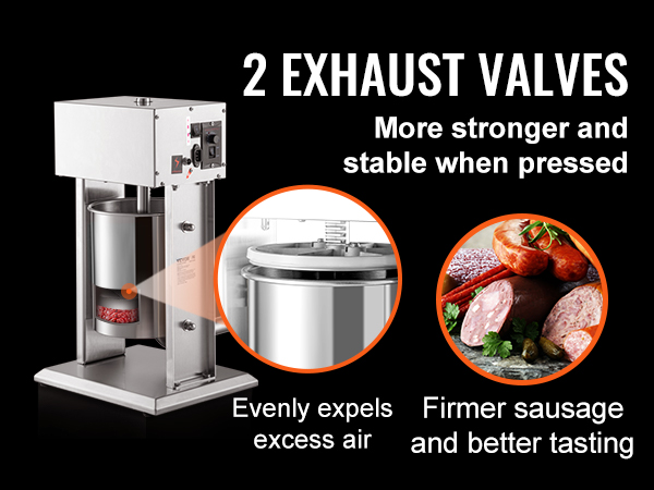 VEVOR electric sausage stuffer with 2 exhaust valves, expels air evenly for firmer, better-tasting sausage.