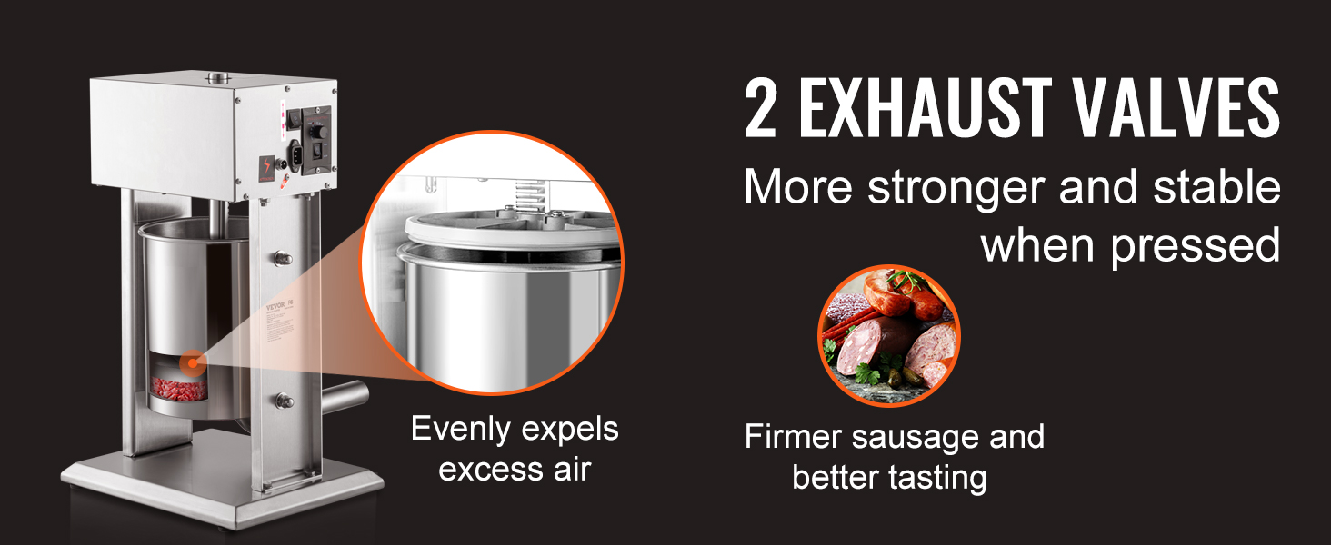 VEVOR electric sausage stuffer with 2 exhaust valves, expels air evenly for firmer, better-tasting sausage.