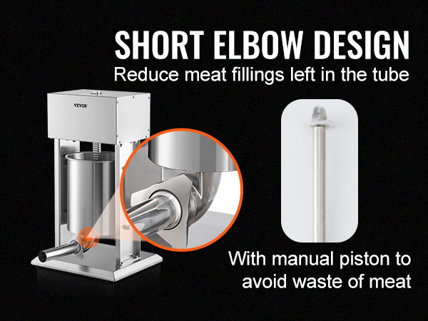 VEVOR electric sausage stuffer with short elbow design and manual piston to reduce meat waste.