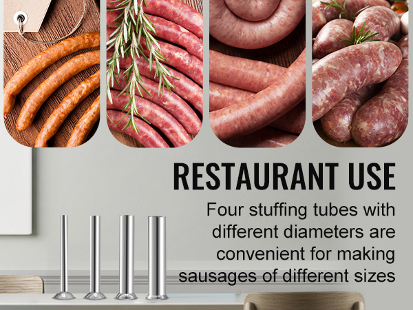 VEVOR electric sausage stuffer for restaurant use with four stuffing tubes for various sausage sizes.