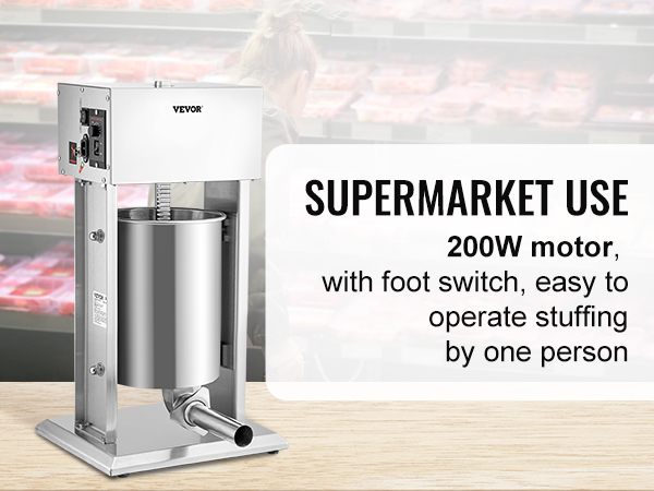 VEVOR electric sausage stuffer for supermarket use with 200w motor and foot switch on a wooden table.