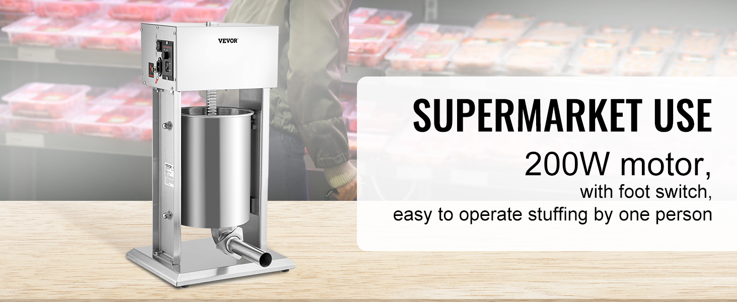 VEVOR electric sausage stuffer for supermarket use with 200w motor and foot switch on a wooden table.